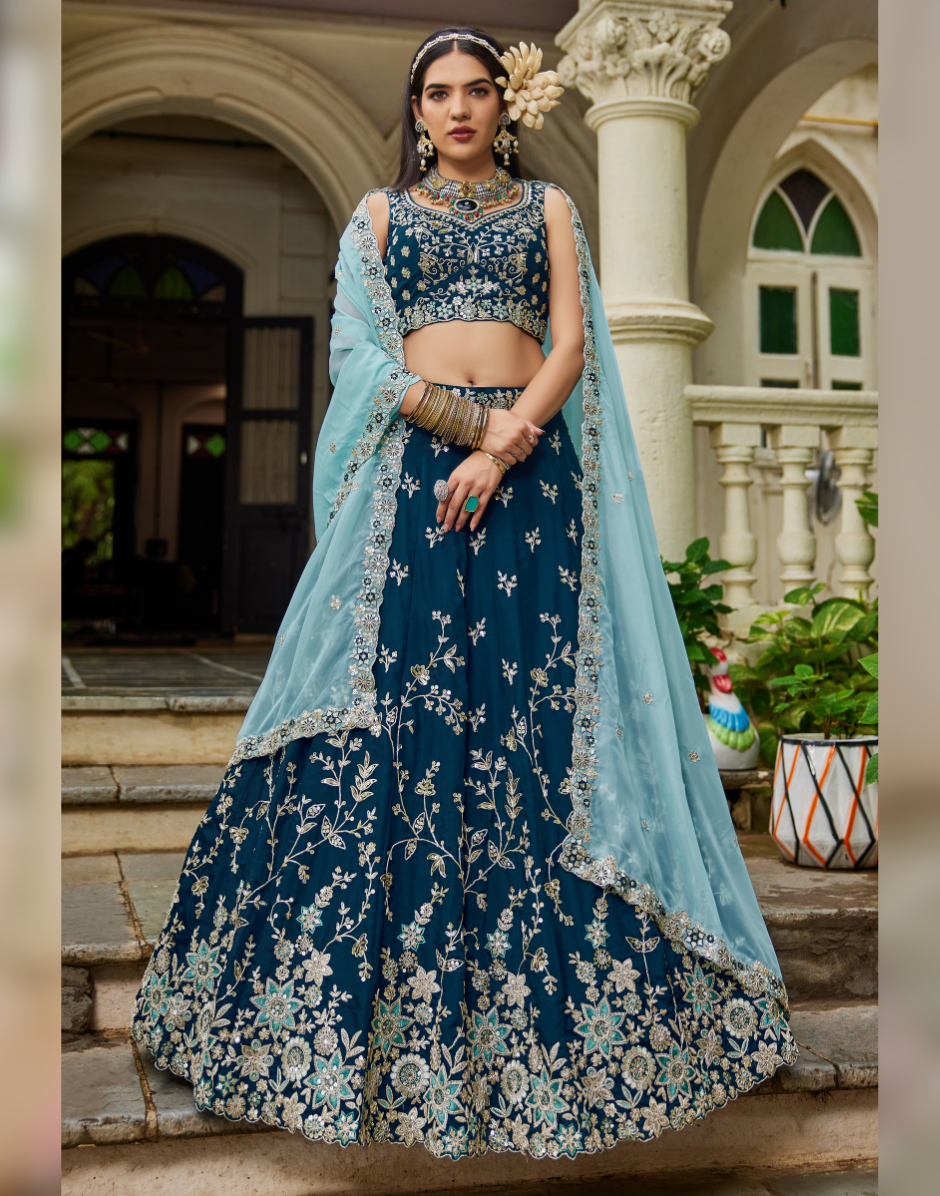Organza Lehenga Choli with Coding, Sequin & Thread Embroidery Dupatta Included - Buy