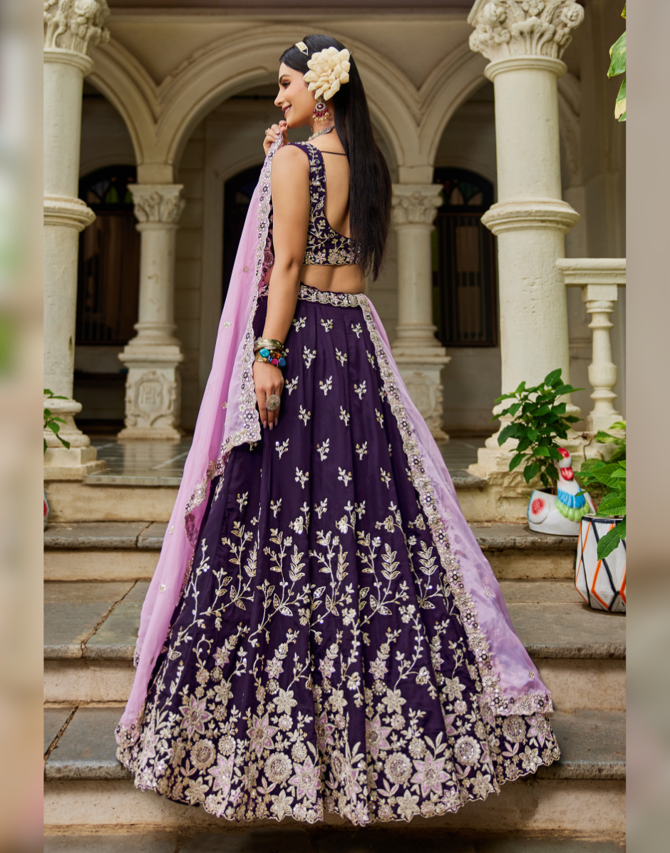 Organza Lehenga Choli with Coding, Sequin & Thread Embroidery Dupatta Included - Buy