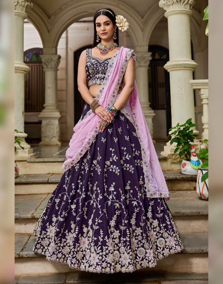 Organza Lehenga Choli with Coding, Sequin & Thread Embroidery Dupatta Included - Buy