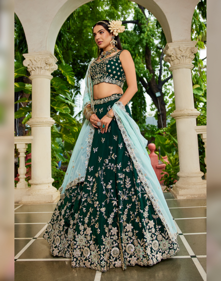 Organza Lehenga Choli with Coding, Sequin & Thread Embroidery Dupatta Included - Buy