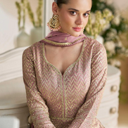 Chic Mauve Georgette Gown with Swarovski & Zarkan Embroidery Comes with Elegant Embroidered Dupatta - Buy