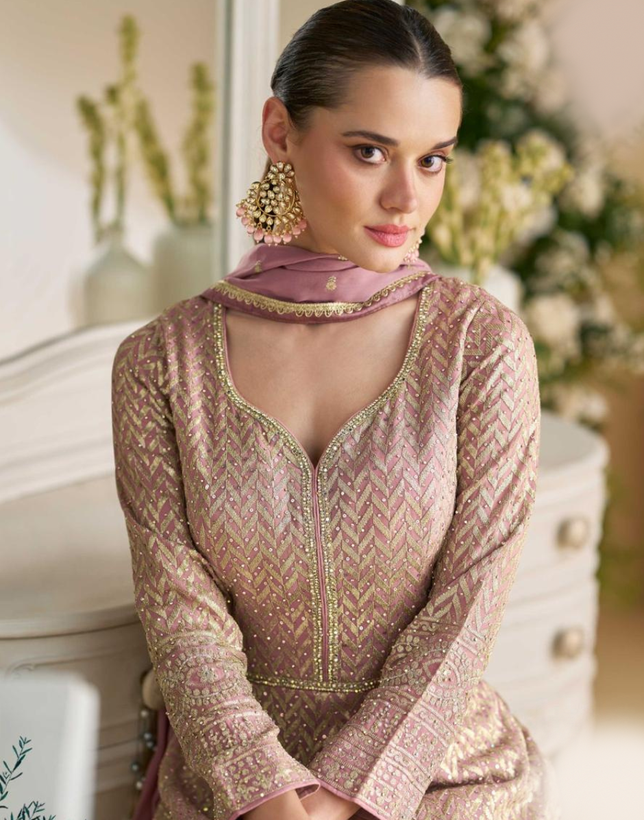 Chic Mauve Georgette Gown with Swarovski & Zarkan Embroidery Comes with Elegant Embroidered Dupatta - Buy