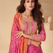 Premium Chinnon Silk Palazzo Suit in Orange & Pink Embroidery & Embellished - Buy