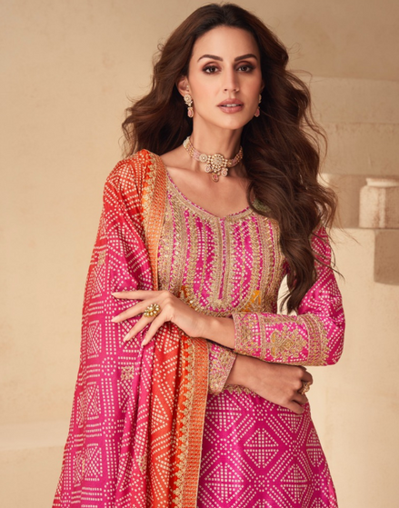 Premium Chinnon Silk Palazzo Suit in Orange & Pink Embroidery & Embellished - Buy