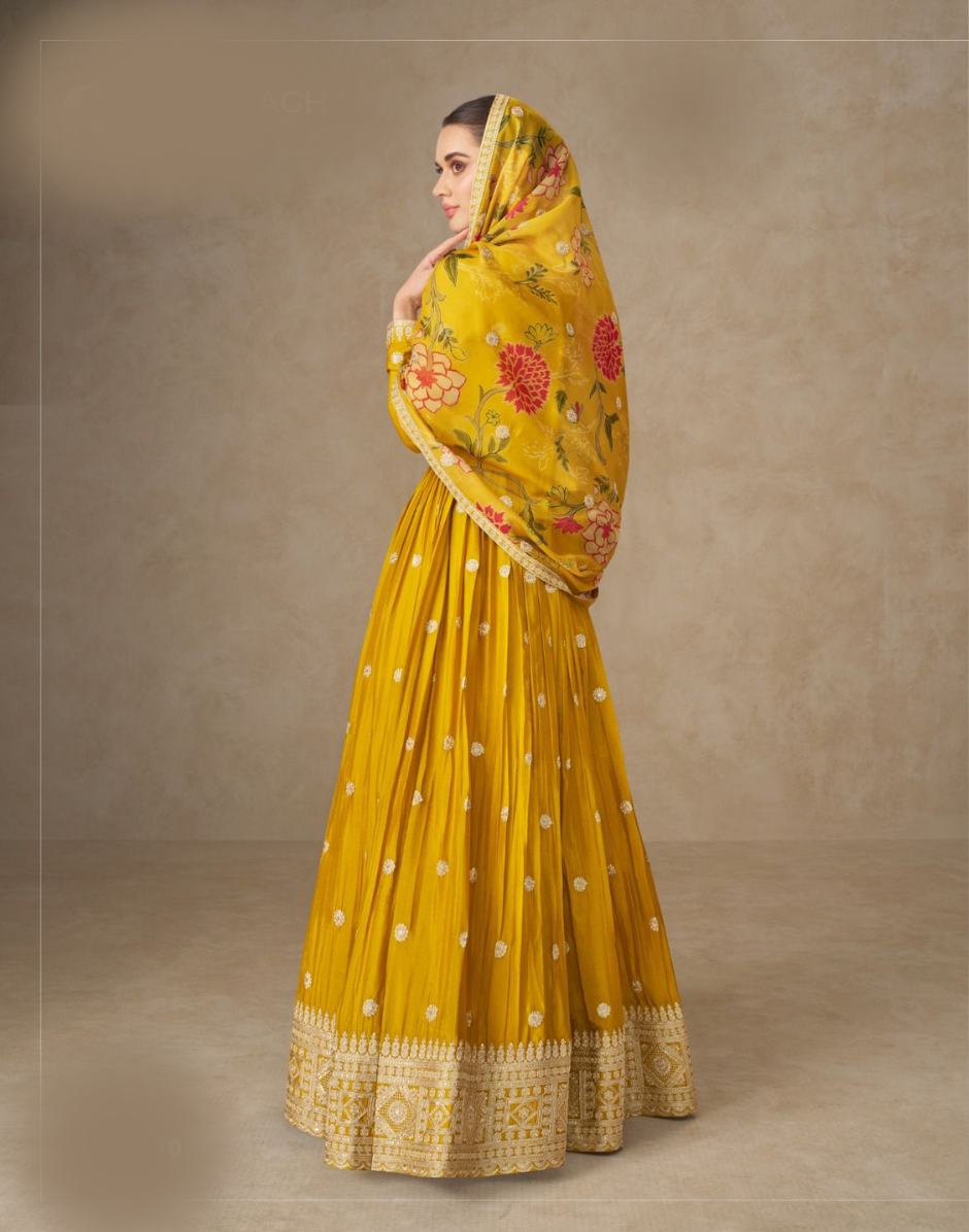 Chinnon Silk Yellow Anarkali Outfit for Women Intricate Embroidery with Floral Dupatta - Buy