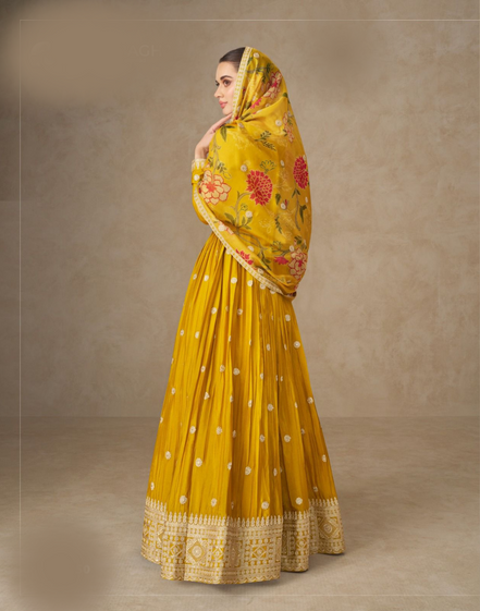 Chinnon Silk Yellow Anarkali Outfit for Women Intricate Embroidery with Floral Dupatta - Buy