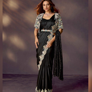 Black Satin Pre-Stitched Saree for Cocktail