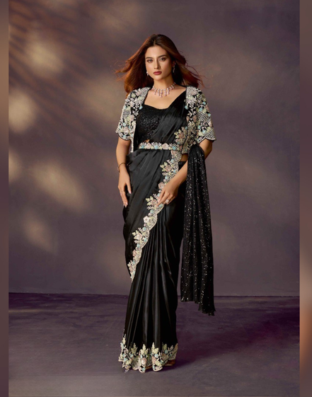 Black Satin Pre-Stitched Saree for Cocktail