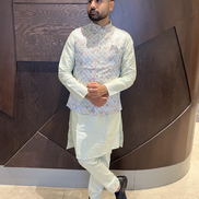 Cream Cotton Kurta Pyjama with Jacquard Woven Design & Matching Koti Festive Ethnic Wear - Buy