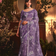 Designer Purple Organza Saree with All Over Butta Embroidery and Heavy Stone Work Border - Buy
