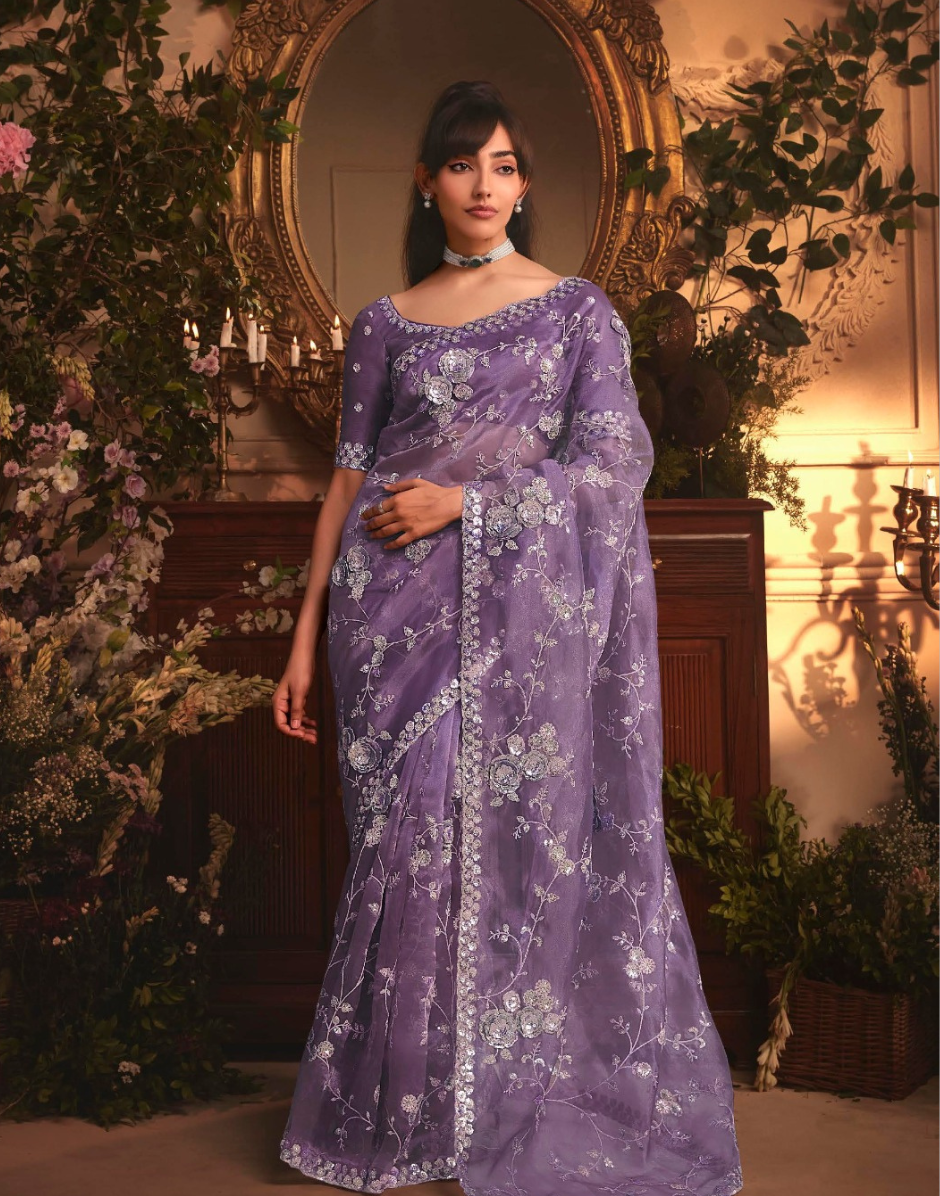 Designer Purple Organza Saree with All Over Butta Embroidery and Heavy Stone Work Border - Buy