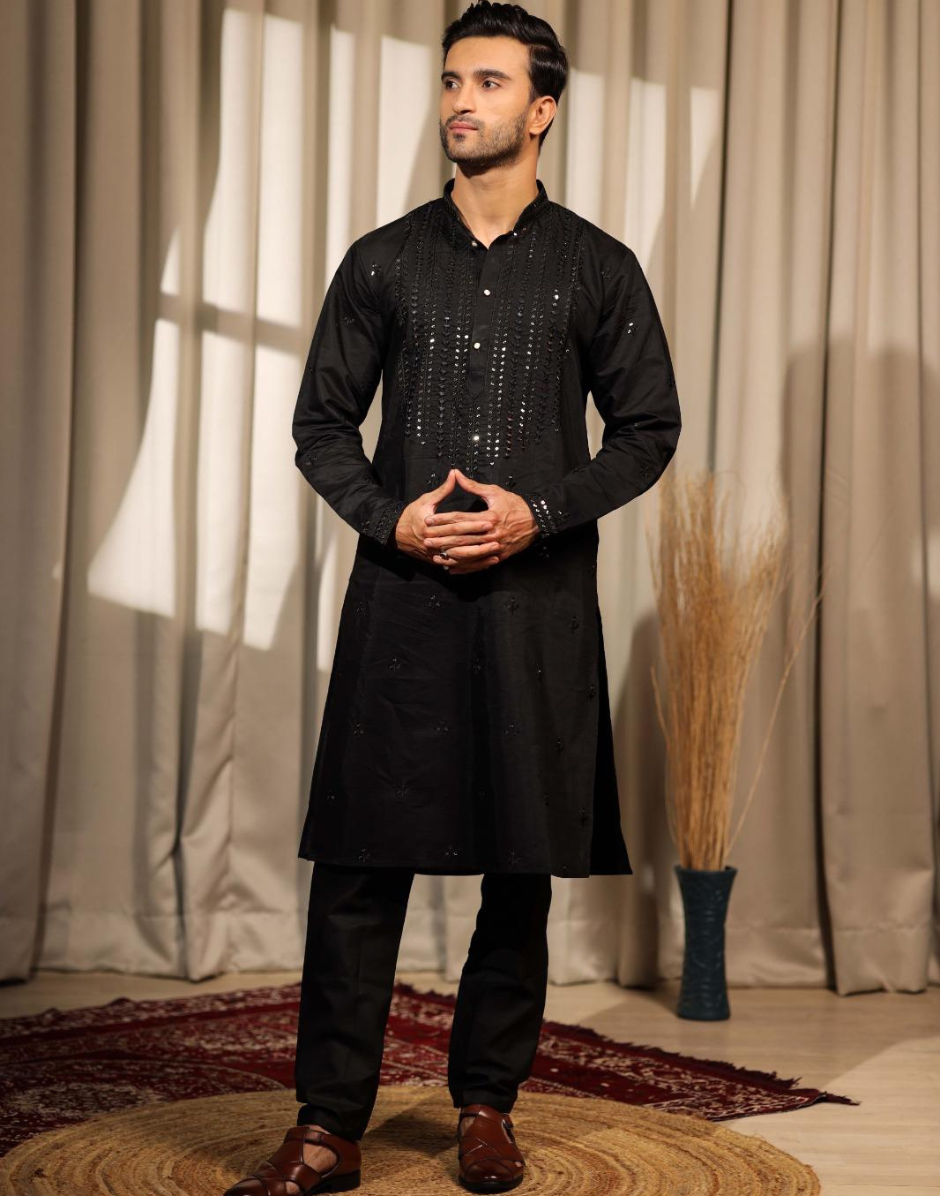 Shine Bright in Black Sequined Rolex Silk Embroidered Men’s Kurta Pyjama for Special Occasions - Buy