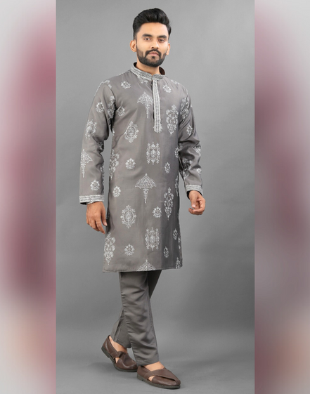 Men’s Ethnic Kurta Pyjama in Printed Art Silk with Detailed Embroidery Stylish Occasion Wear - Buy