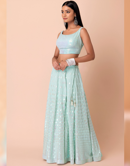 Glamorous Pastel Blue Lehenga Choli with Sequin and Thread Embroidery with Floral Patterns - Buy