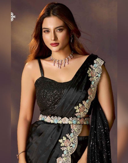 Black Satin Pre-Stitched Saree for Cocktail