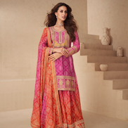 Premium Chinnon Silk Palazzo Suit in Orange & Pink Embroidery & Embellished - Buy
