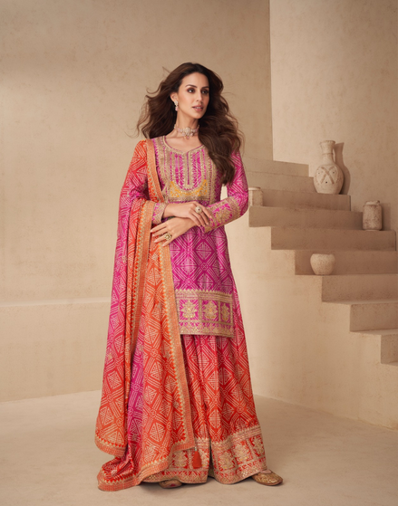 Premium Chinnon Silk Palazzo Suit in Orange & Pink Embroidery & Embellished - Buy