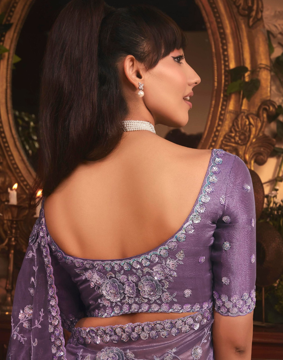 Designer Purple Organza Saree with All Over Butta Embroidery and Heavy Stone Work Border - Buy