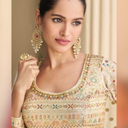 Stylish Cream Georgette Gown with Intricate Zarkan & Seroski Embroidery with Elegant Dupatta - Buy