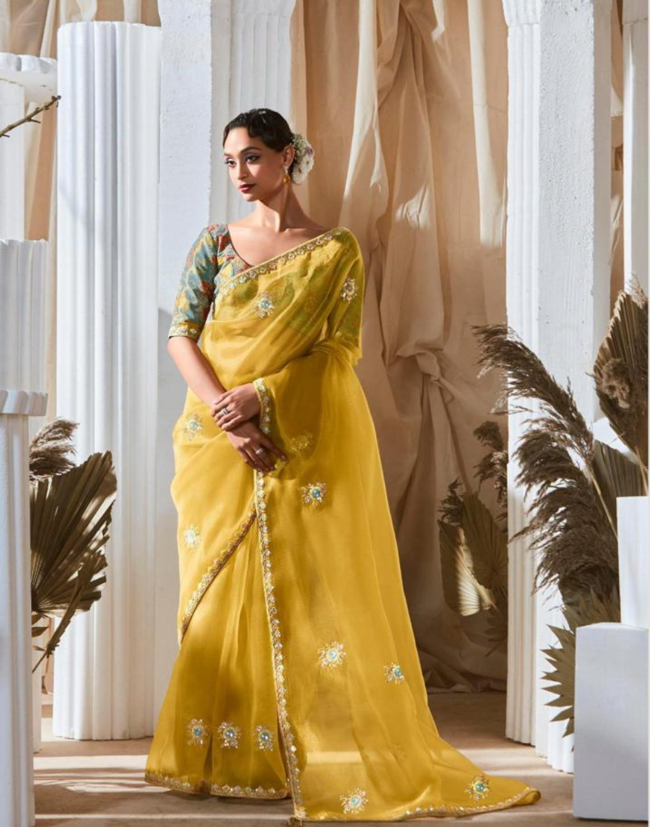 Graceful Embroidered & Embellished Saree with Printed Blouse Elegant Ethnic Ensemble - Buy