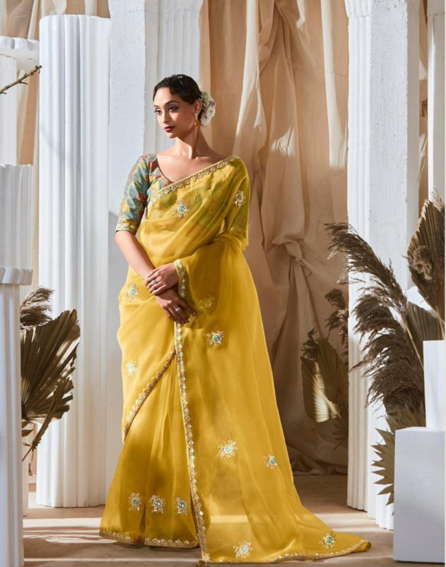 Graceful Embroidered & Embellished Saree with Printed Blouse Elegant Ethnic Ensemble - Buy