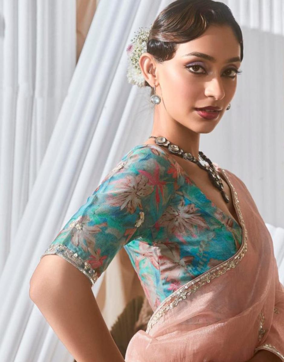 Graceful Embroidered & Embellished Saree with Printed Blouse Elegant Ethnic Ensemble - Buy