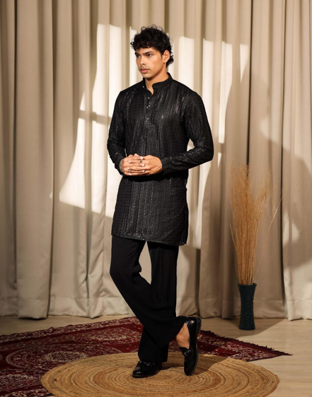 Black Silk Blend Kurta Pyjama with Sequin Detailing Trendy Festive Outfit for Men - Buy