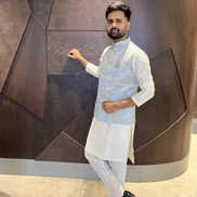 Men’s Kurta Pyjama in Pure Cotton with Intricate Jacquard and Matching Koti - Buy