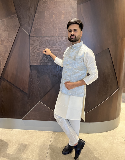 Men’s Kurta Pyjama in Pure Cotton with Intricate Jacquard and Matching Koti - Buy