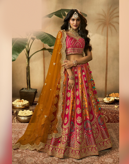 Vibrant Pink Orange Silk Lehenga with Sequin & Zarkan Embroidery Includes Designer Belt & Latkan - Buy