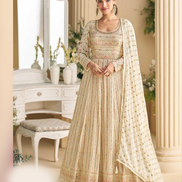 Stylish Cream Georgette Gown with Intricate Zarkan & Seroski Embroidery with Elegant Dupatta - Buy