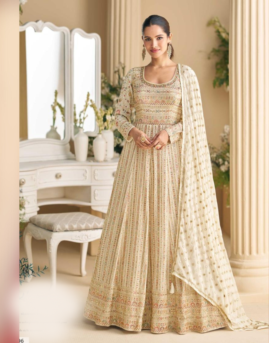 Stylish Cream Georgette Gown with Intricate Zarkan & Seroski Embroidery with Elegant Dupatta - Buy