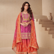Premium Chinnon Silk Palazzo Suit in Orange & Pink Embroidery & Embellished - Buy