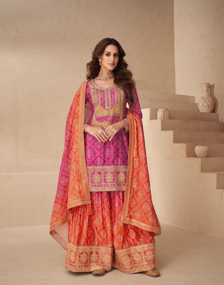 Premium Chinnon Silk Palazzo Suit in Orange & Pink Embroidery & Embellished - Buy