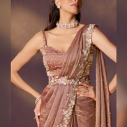Brown Pre-Stitched Saree with Jacket Set