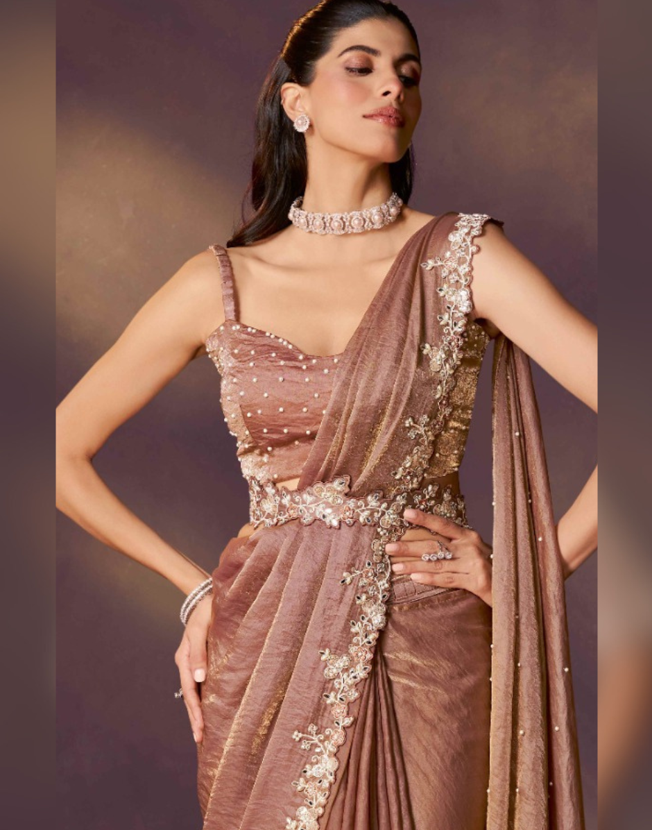 Brown Pre-Stitched Saree with Jacket Set