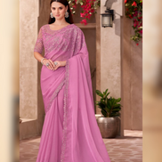 Shine in Silk Pink Chiffon Saree with Georgette Work Blouse for Festive Glam - Buy