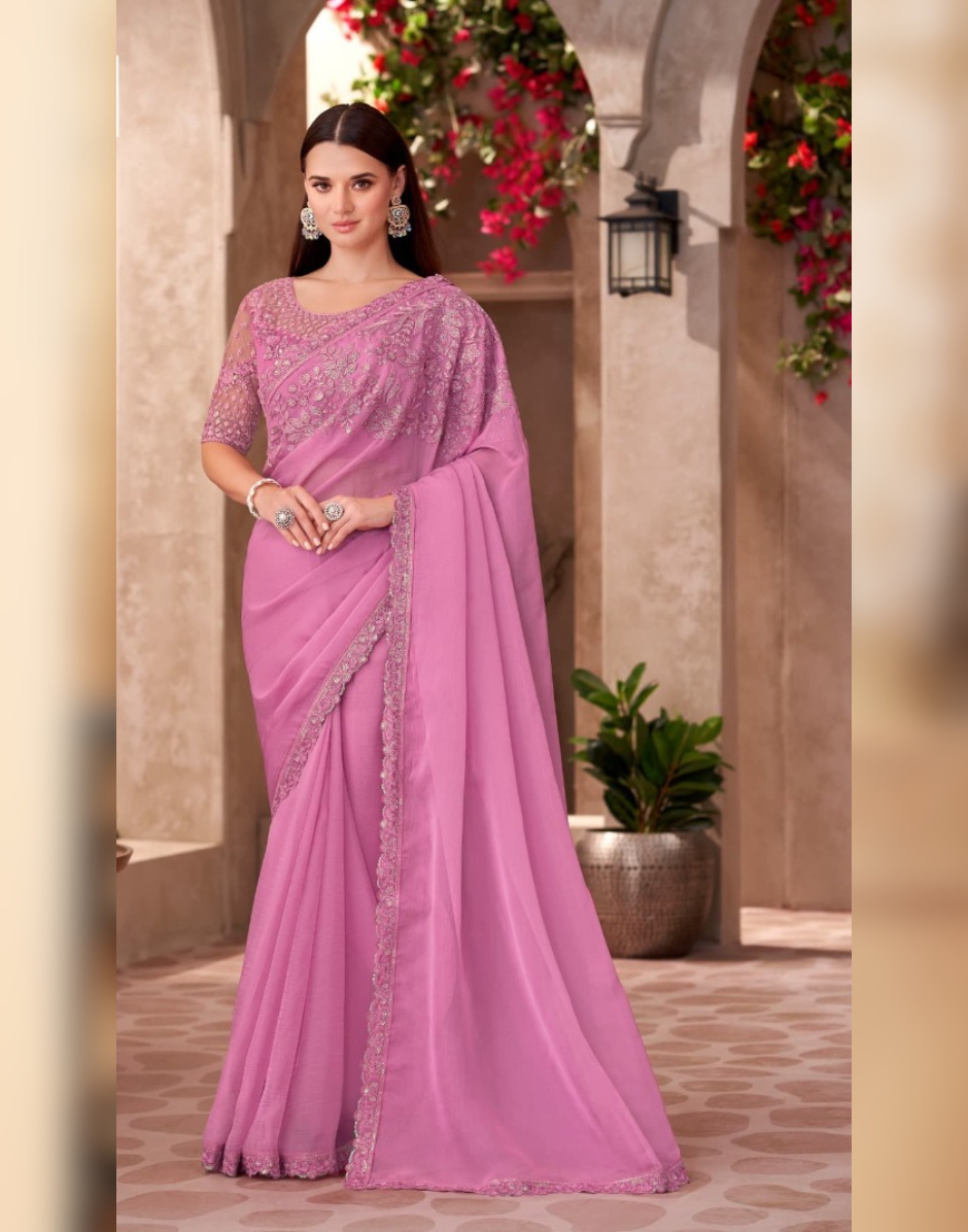 Shine in Silk Pink Chiffon Saree with Georgette Work Blouse for Festive Glam - Buy
