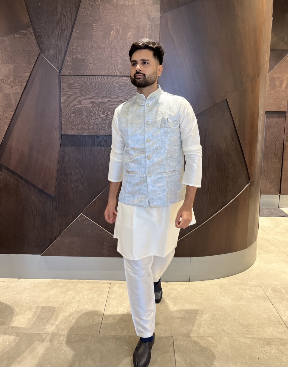 Men’s Kurta Pyjama in Pure Cotton with Intricate Jacquard and Matching Koti - Buy