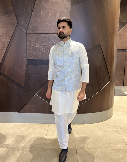Men’s Kurta Pyjama in Pure Cotton with Intricate Jacquard and Matching Koti - Buy