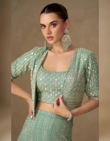Dusty Green Co-ord Set with Jacket for Mehendi