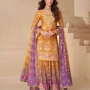 Premium Mustard & Purple Chinnon Silk Palazzo Suit with Embroidery - Buy