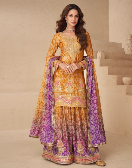 Premium Mustard & Purple Chinnon Silk Palazzo Suit with Embroidery - Buy