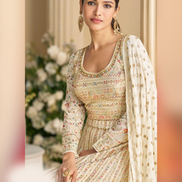 Stylish Cream Georgette Gown with Intricate Zarkan & Seroski Embroidery with Elegant Dupatta - Buy