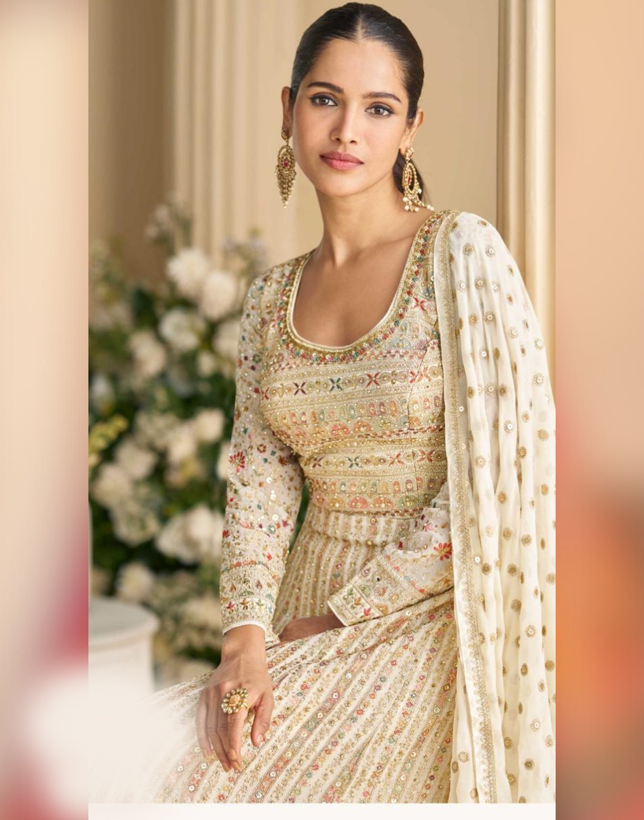 Stylish Cream Georgette Gown with Intricate Zarkan & Seroski Embroidery with Elegant Dupatta - Buy