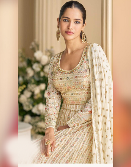Stylish Cream Georgette Gown with Intricate Zarkan & Seroski Embroidery with Elegant Dupatta - Buy