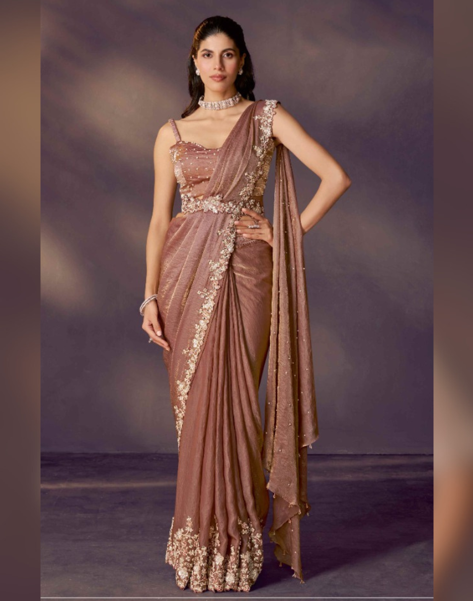 Brown Pre-Stitched Saree with Jacket Set