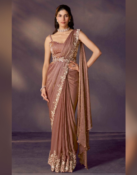 Brown Pre-Stitched Saree with Jacket Set