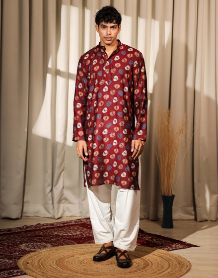 Traditional Meets Trendy Modal Silk Maroon Leaf Print Kurta Pyjama for Men - Buy