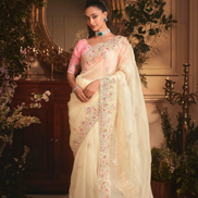 Graceful Cream Organza Saree with Rich Stone Work Border & All-Over Butta Embroidery Ideal for Weddings & Events - Buy